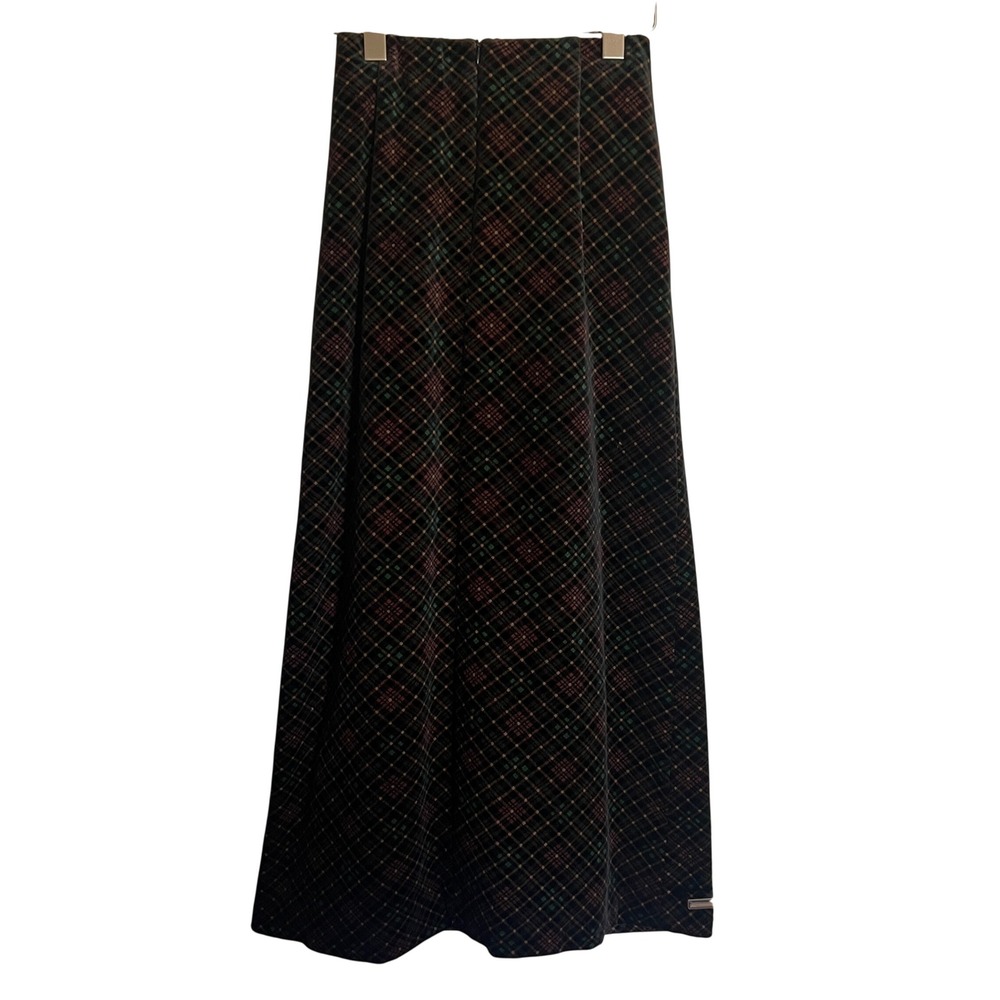 Vintage Plaid Velvet Midi Skirt High Waisted Green Red Tartan A-Line, Size 11